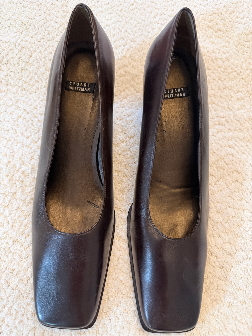 Stuart Weitzman Vintage Espresso Leather Square-Toe Block Pumps - size 8 1/2 B